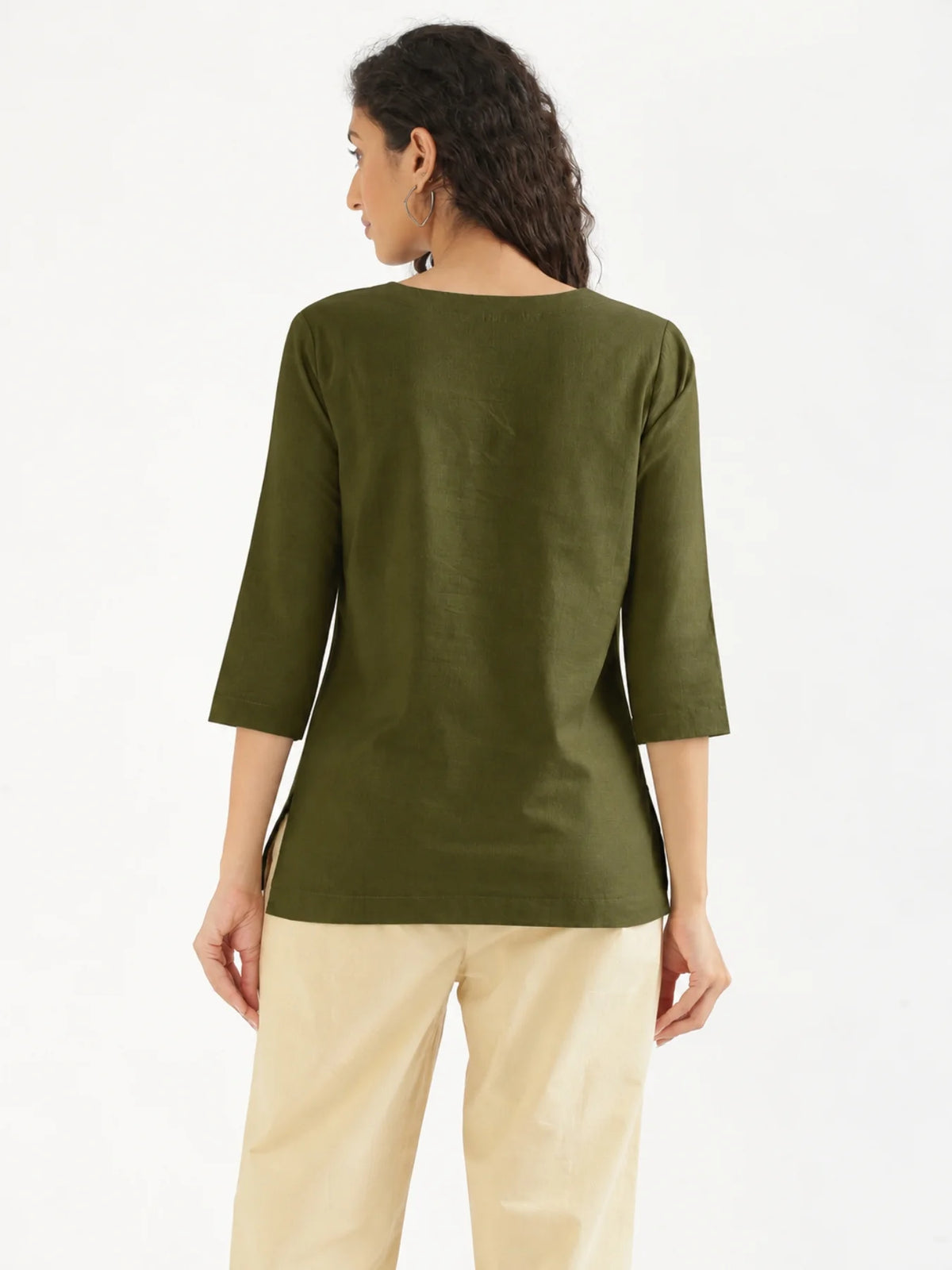 Women Olive Green Airy Linen Split Neck Short Kurta