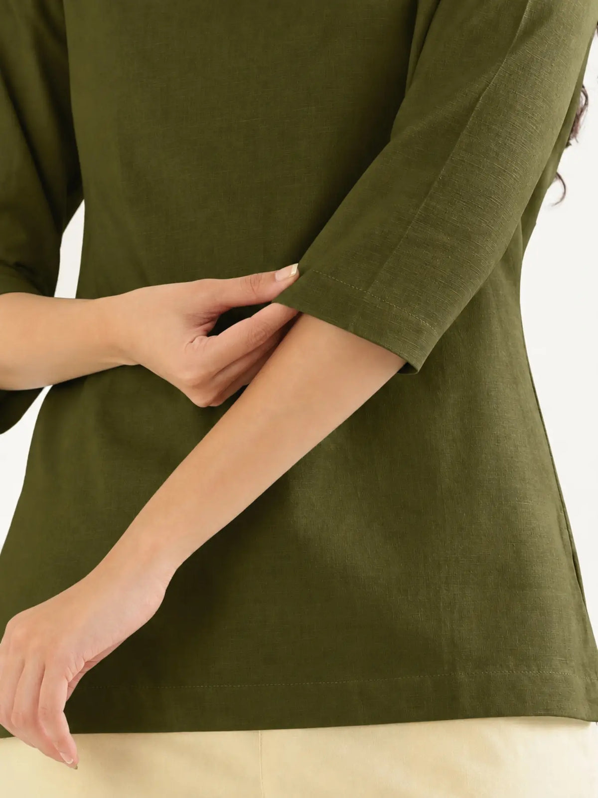 Women Olive Green Airy Linen Split Neck Short Kurta