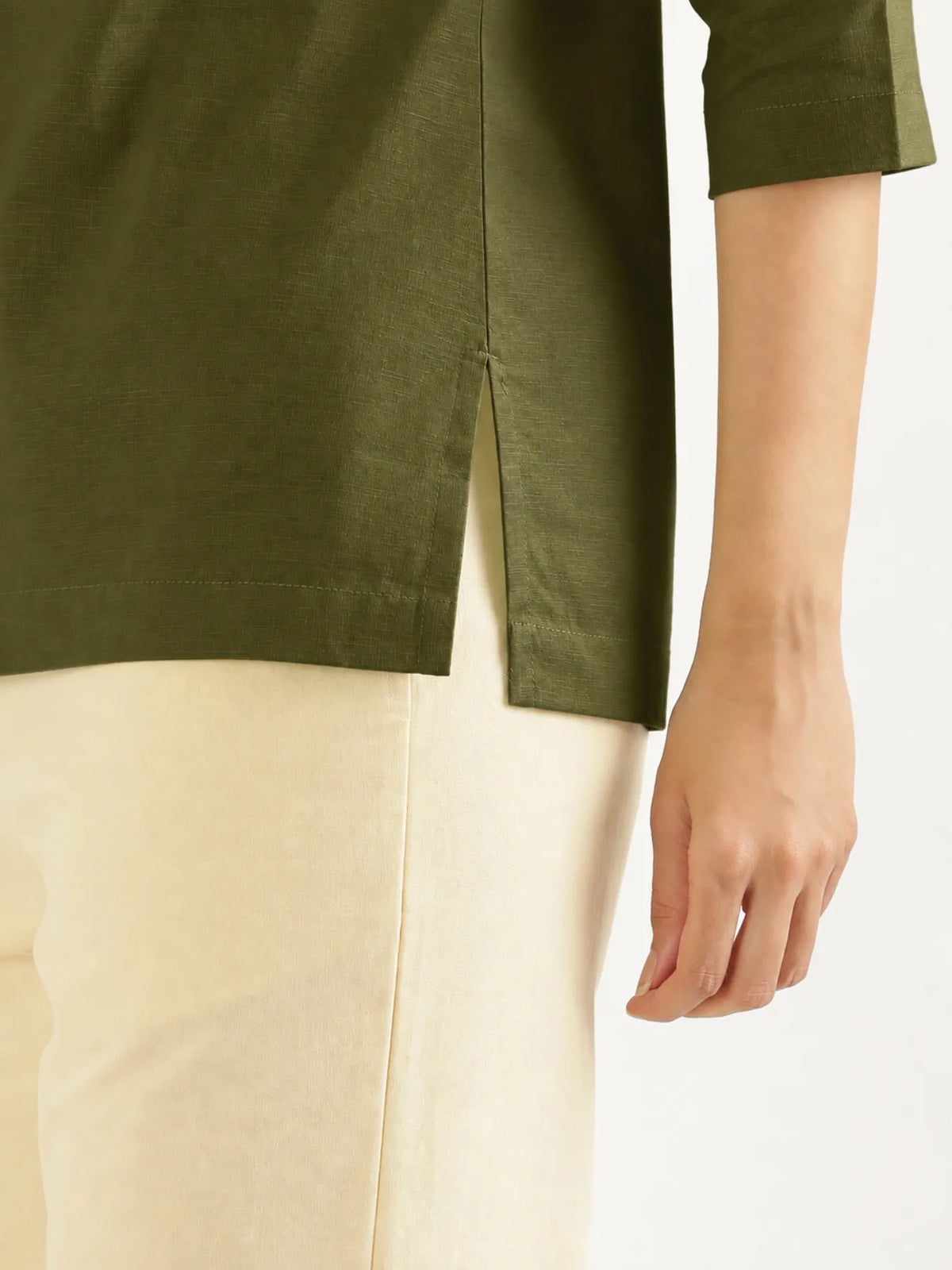Women Olive Green Airy Linen Split Neck Short Kurta