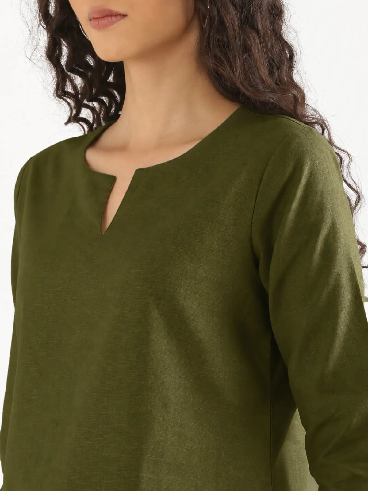Women Olive Green Airy Linen Split Neck Short Kurta