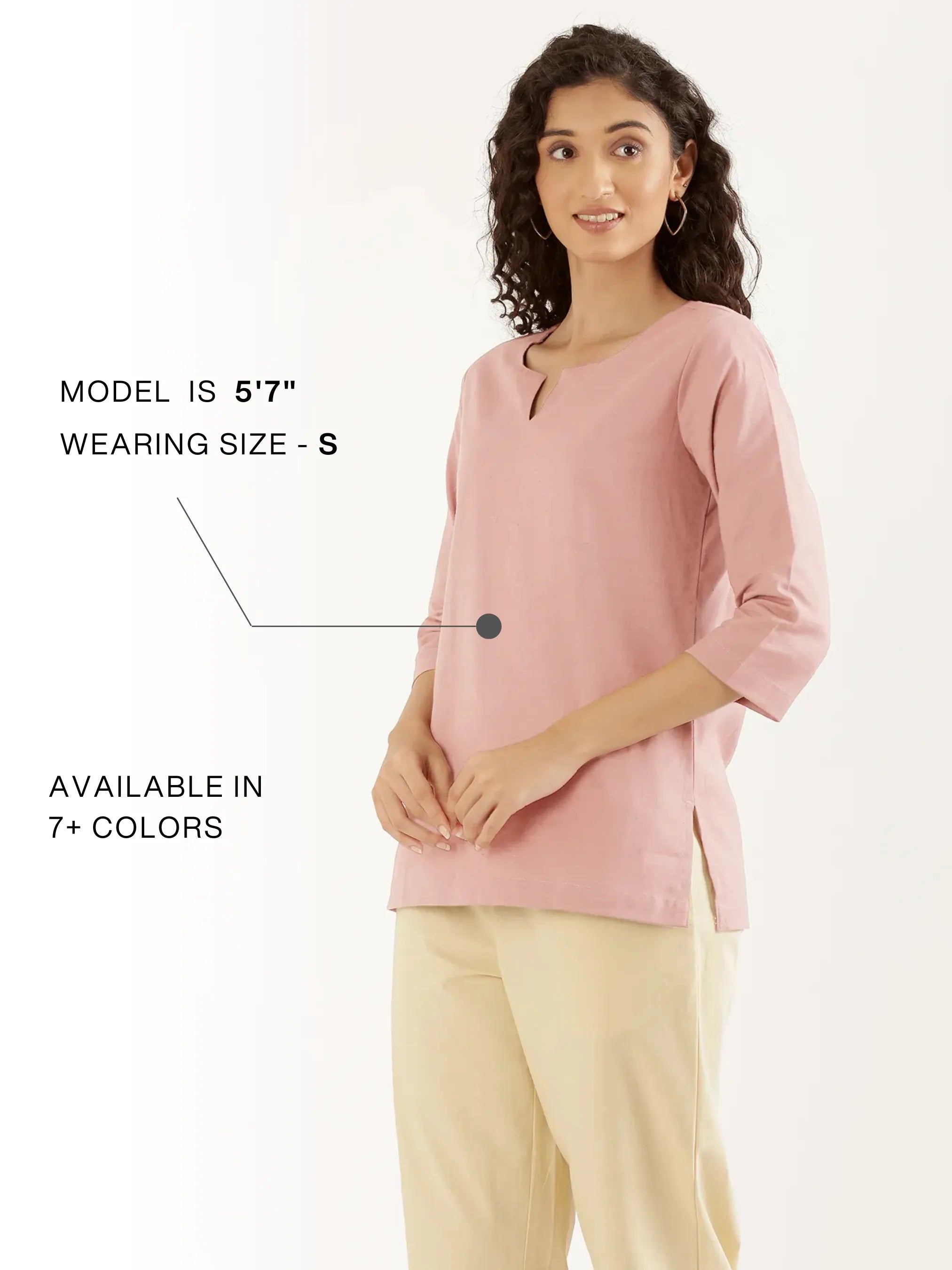 Women Salmon Pink Airy Linen Split Neck Short Kurta