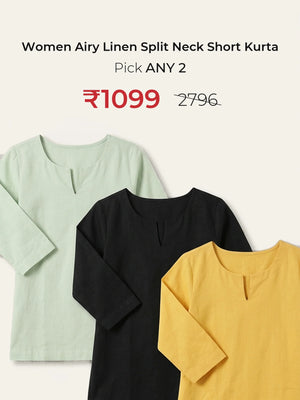 Pick Any 2 banner - Pick Any 2 Women Airy Linen Split Neck Short Kurta