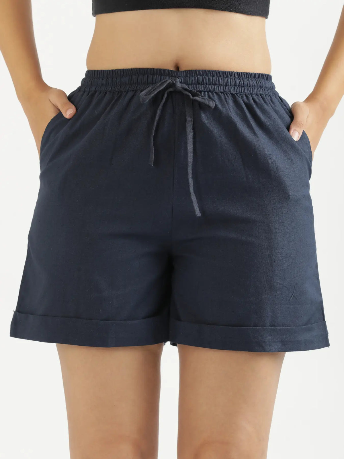 Women Navy Blue Airy Linen Shorts
