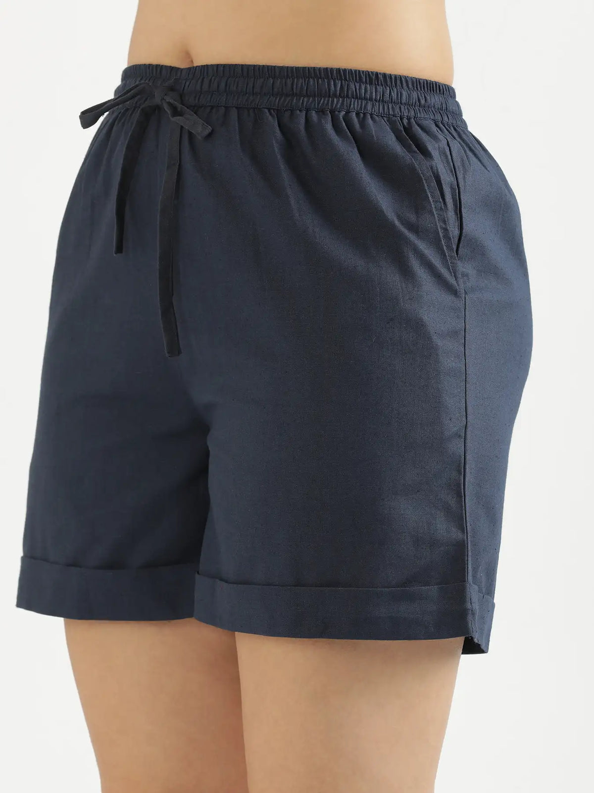 Women Navy Blue Airy Linen Shorts
