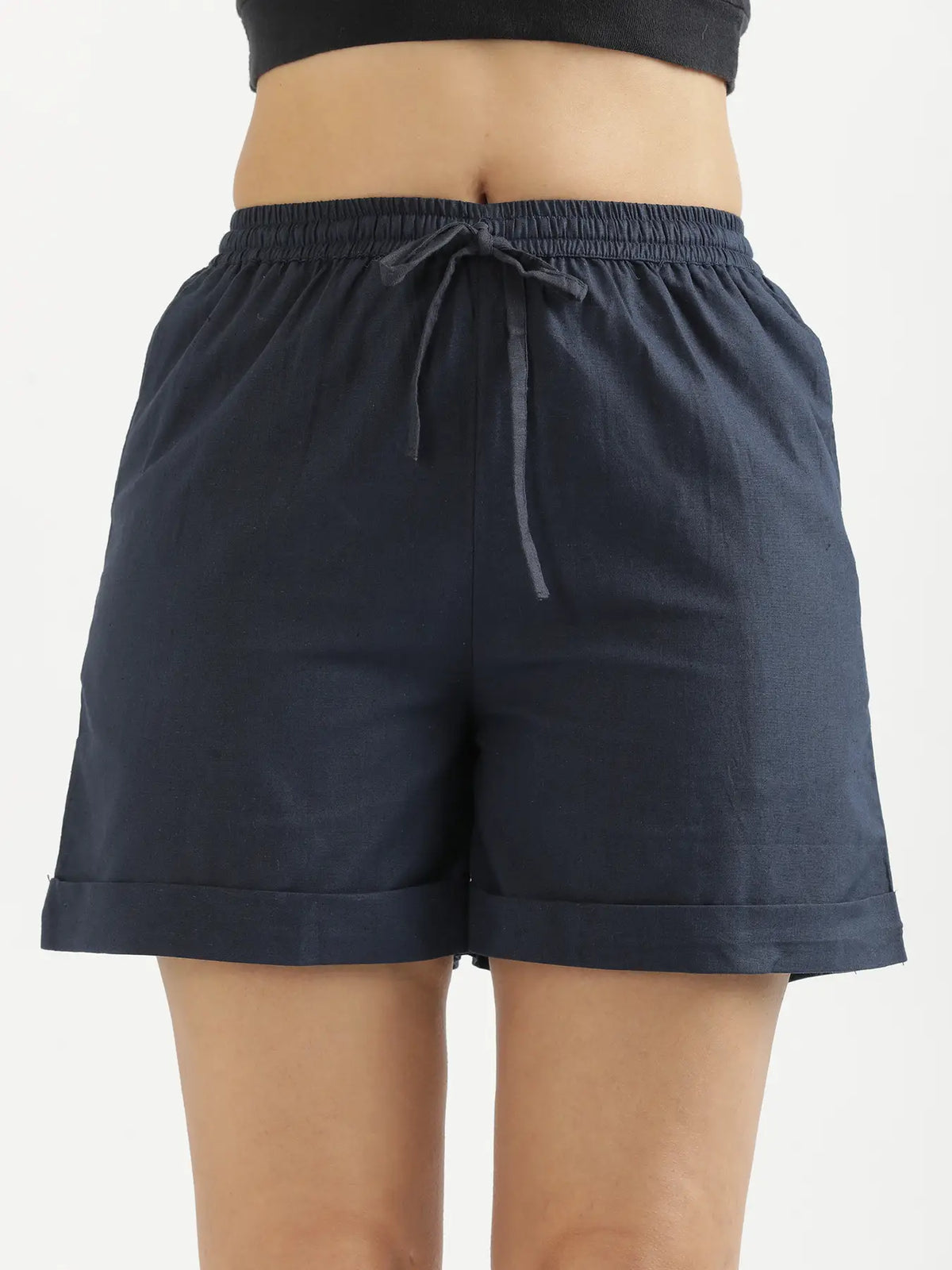 Women Navy Blue Airy Linen Shorts