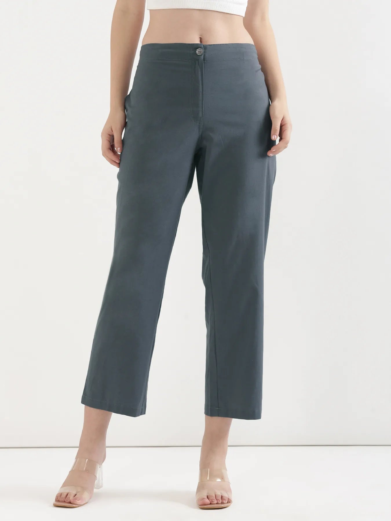 Women German Grey Airy Linen Straight Pants