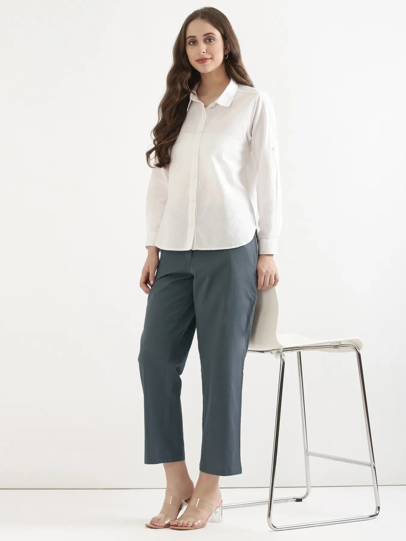 Women German Grey Airy Linen Straight Pants