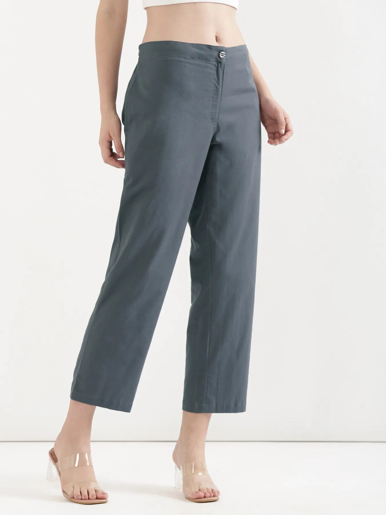 Women German Grey Airy Linen Straight Pants