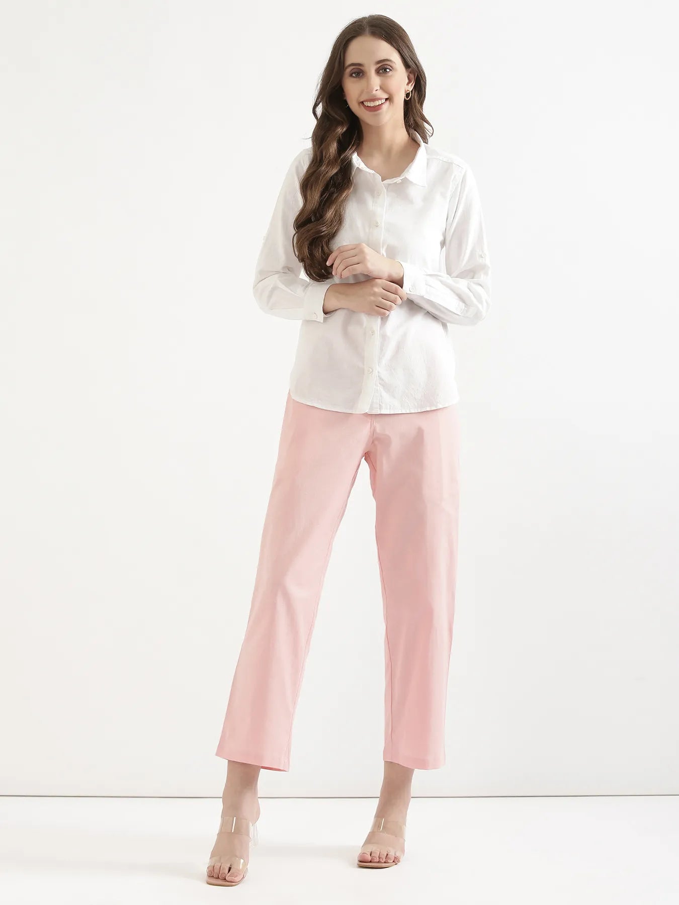Women Salmon Pink Airy Linen Straight Pants