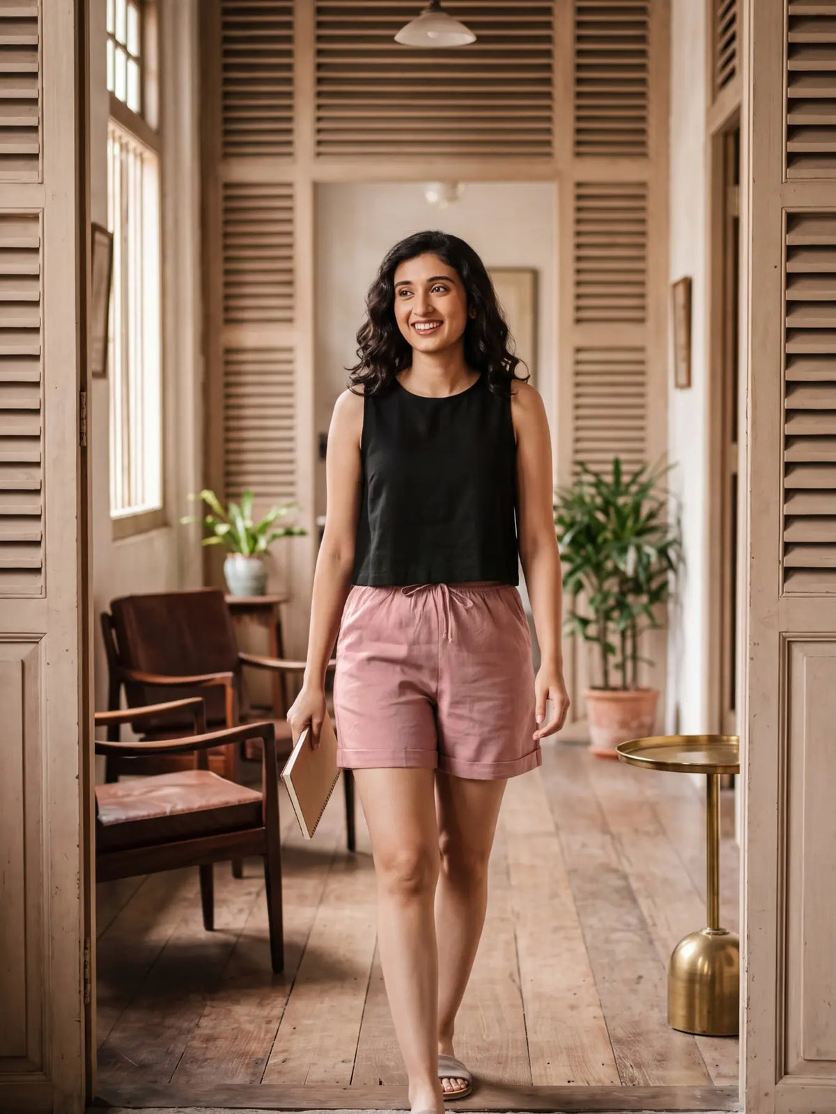 Women Rose Taupe Airy Linen Shorts