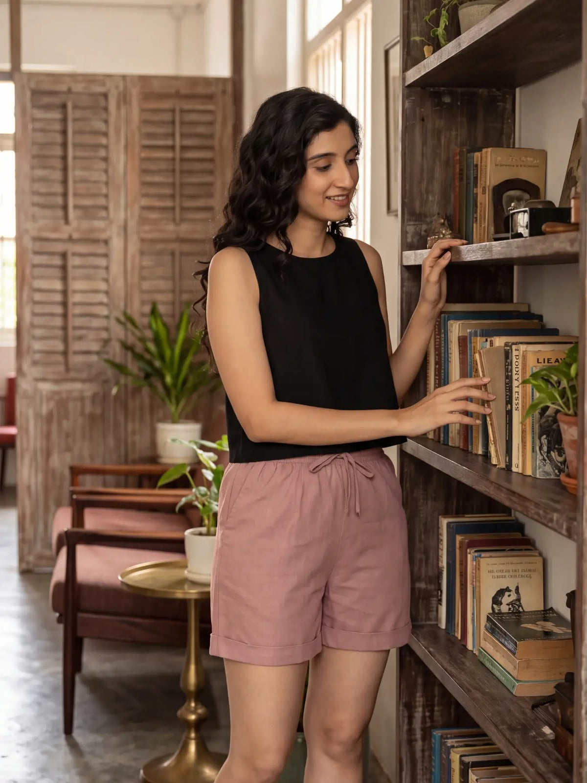 Women Rose Taupe Airy Linen Shorts