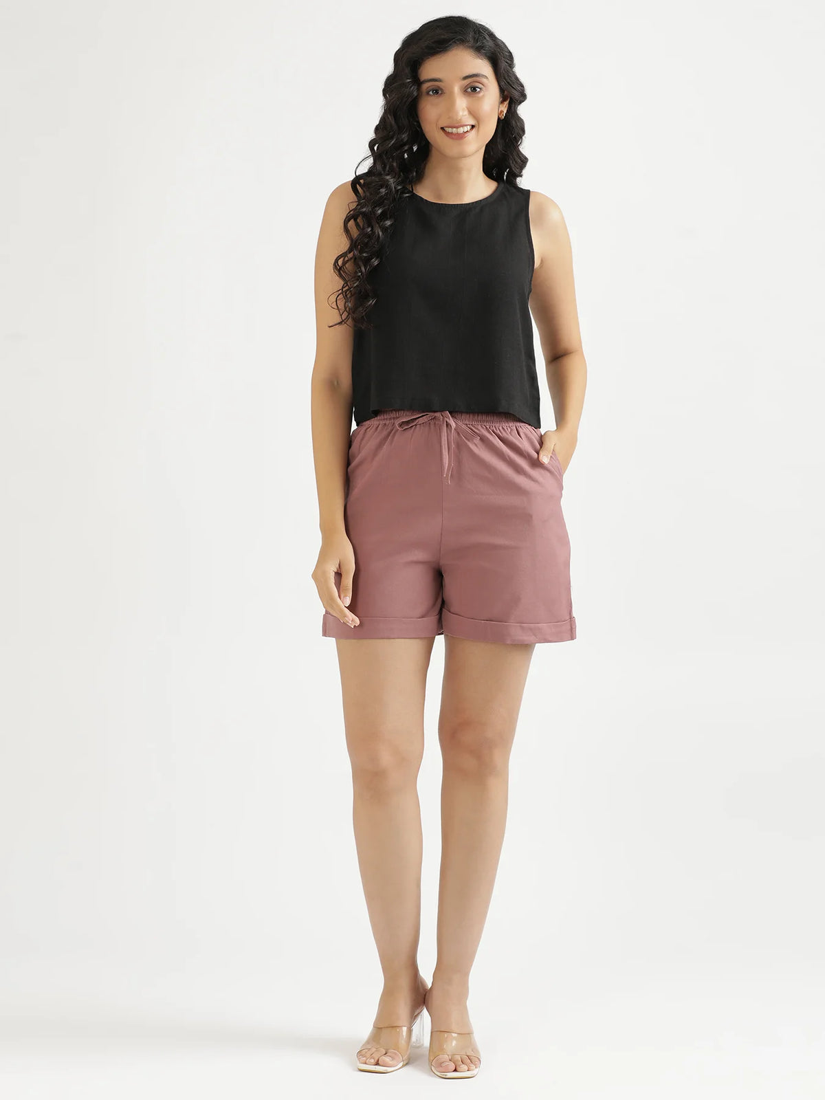 Women Rose Taupe Airy Linen Shorts