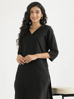 Women Black Airy Linen V-Neck Long Kurta