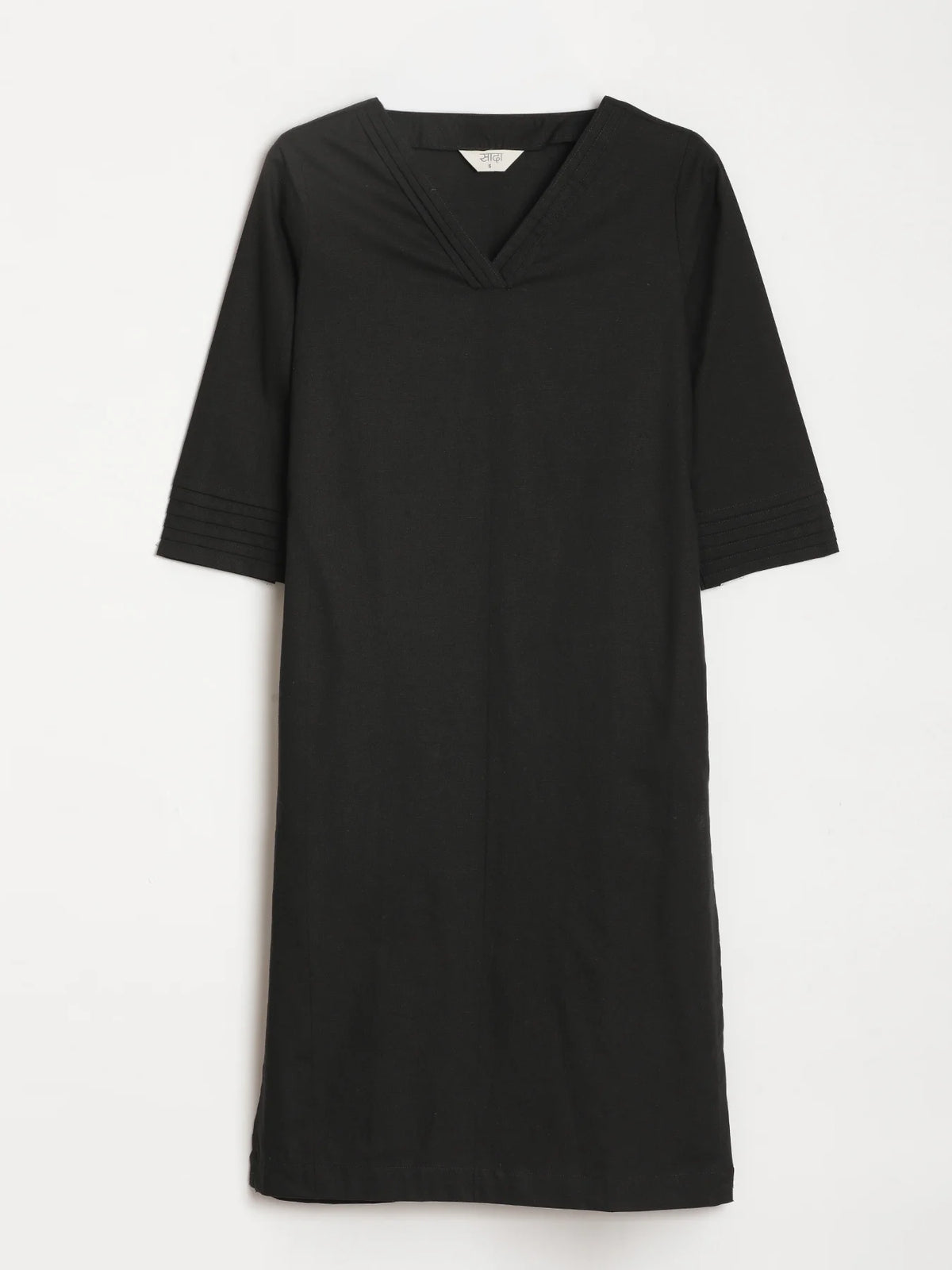 Women Black Airy Linen V-Neck Long Kurta