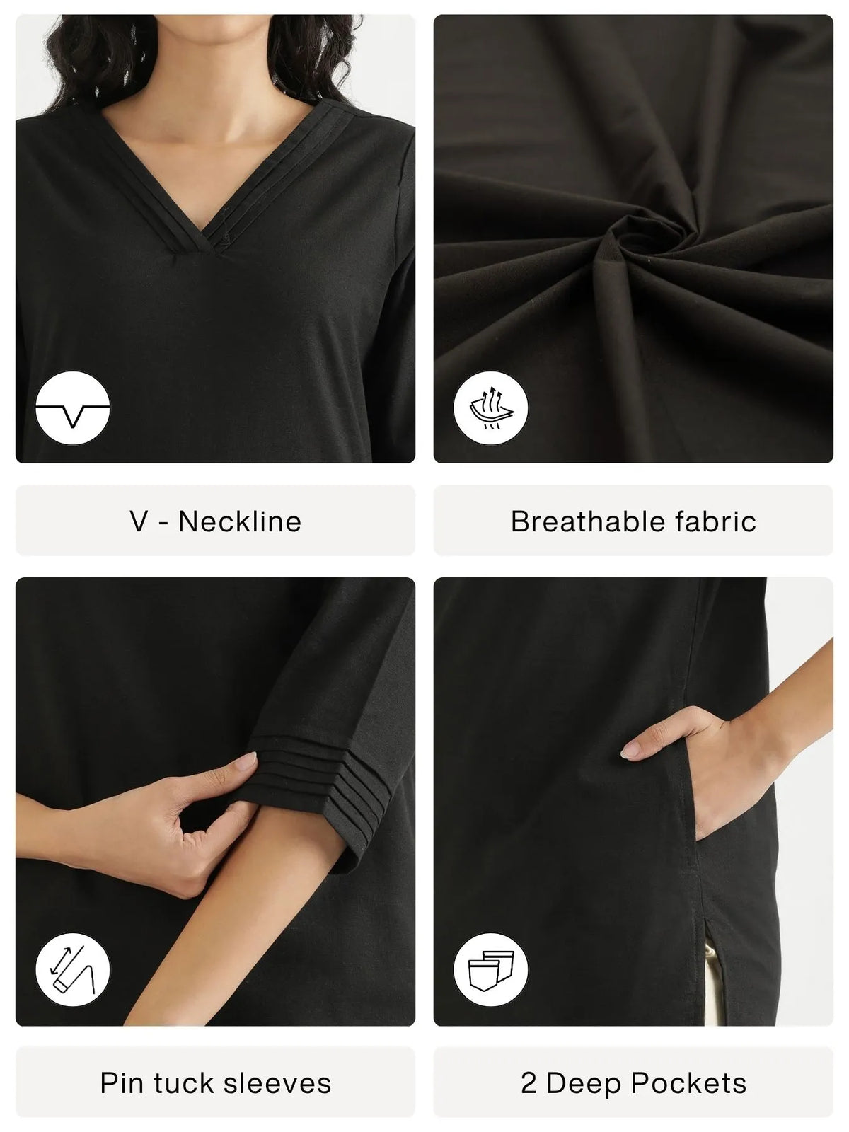 Women Black Airy Linen V-Neck Long Kurta