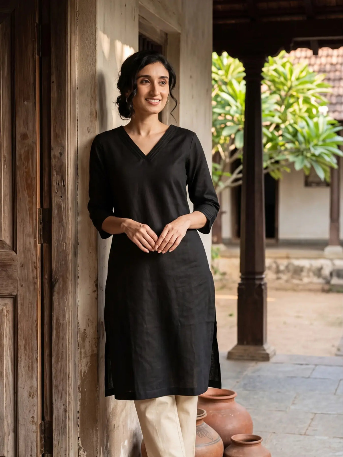 Women Black Airy Linen V-Neck Long Kurta