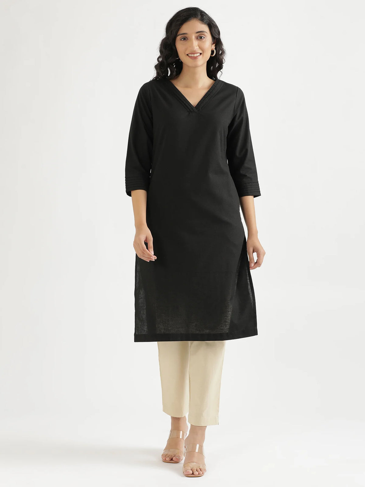 Women Black Airy Linen V-Neck Long Kurta