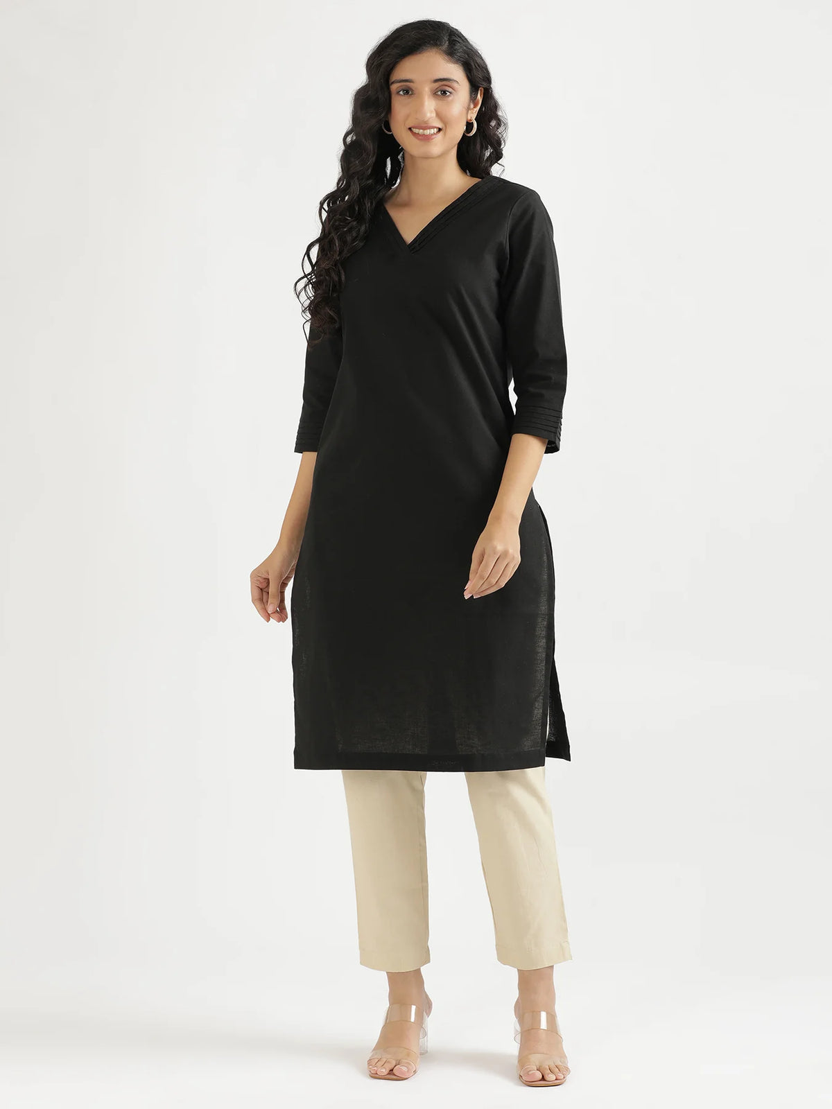 Women Black Airy Linen V-Neck Long Kurta