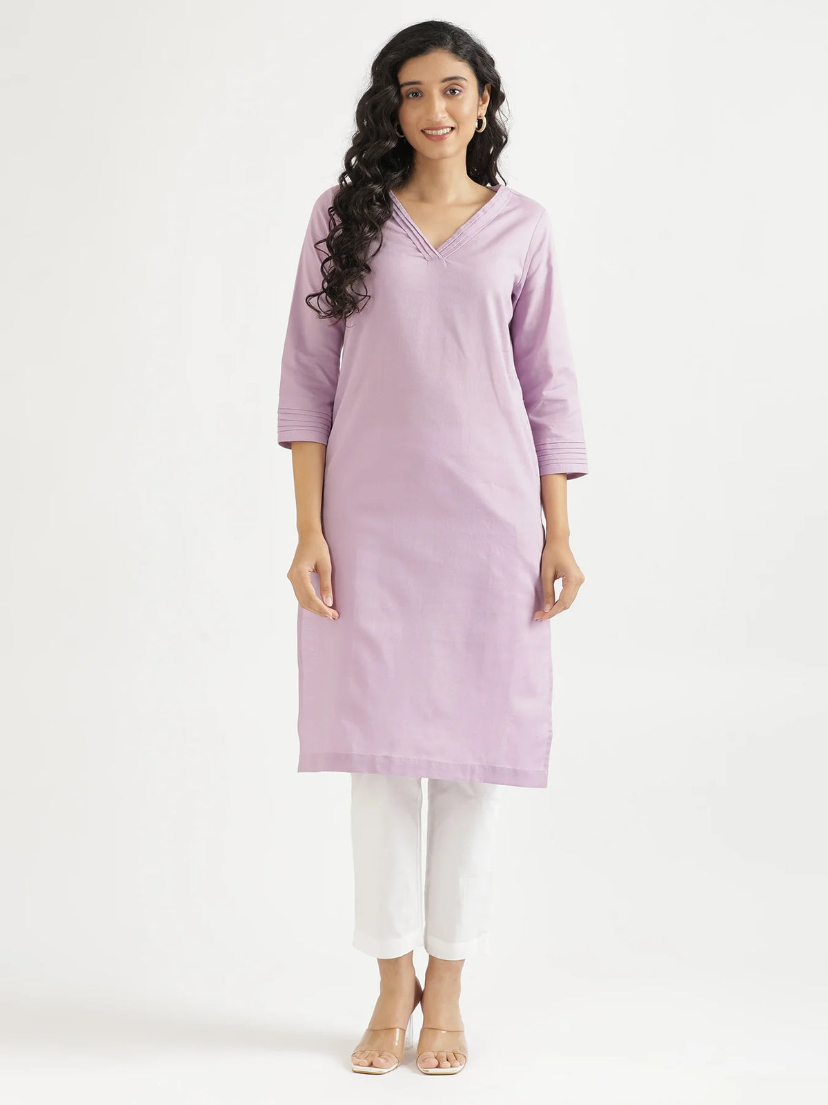Women Lilac Airy Linen V-Neck Long Kurta