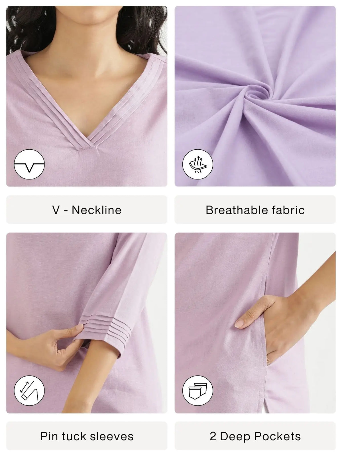 Women Lilac Airy Linen V-Neck Long Kurta