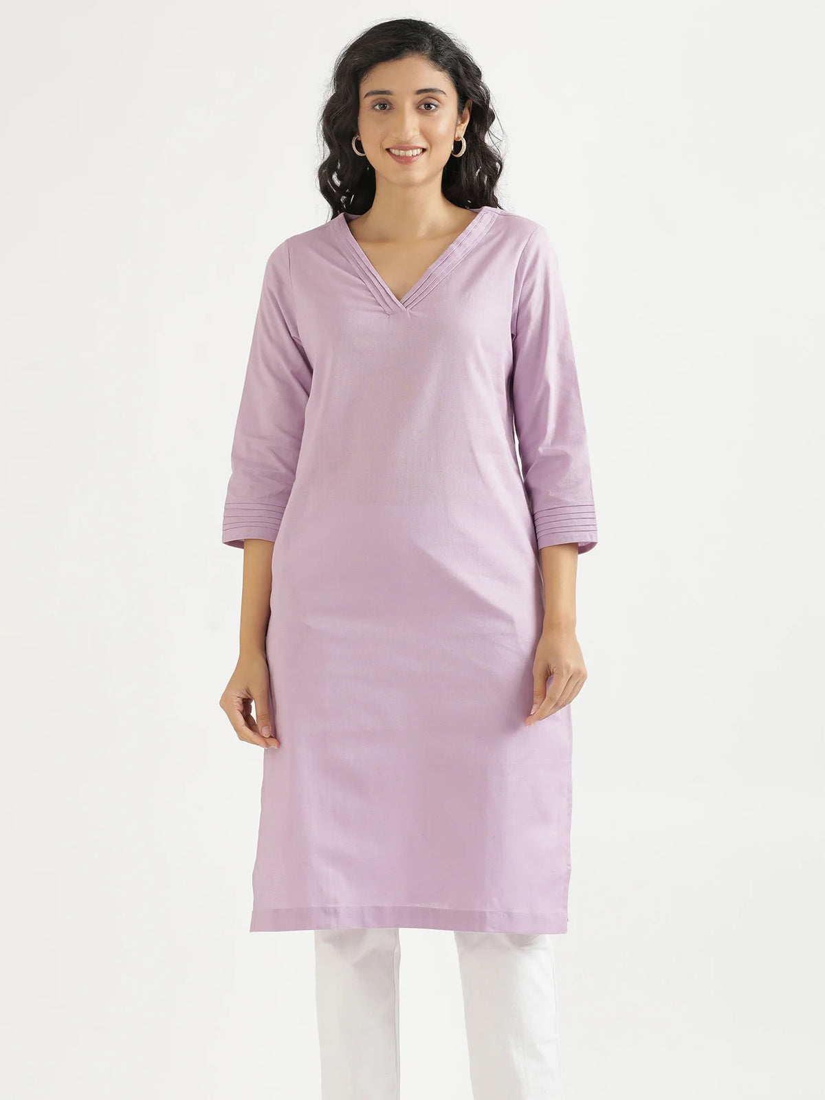 Women Lilac Airy Linen V-Neck Long Kurta