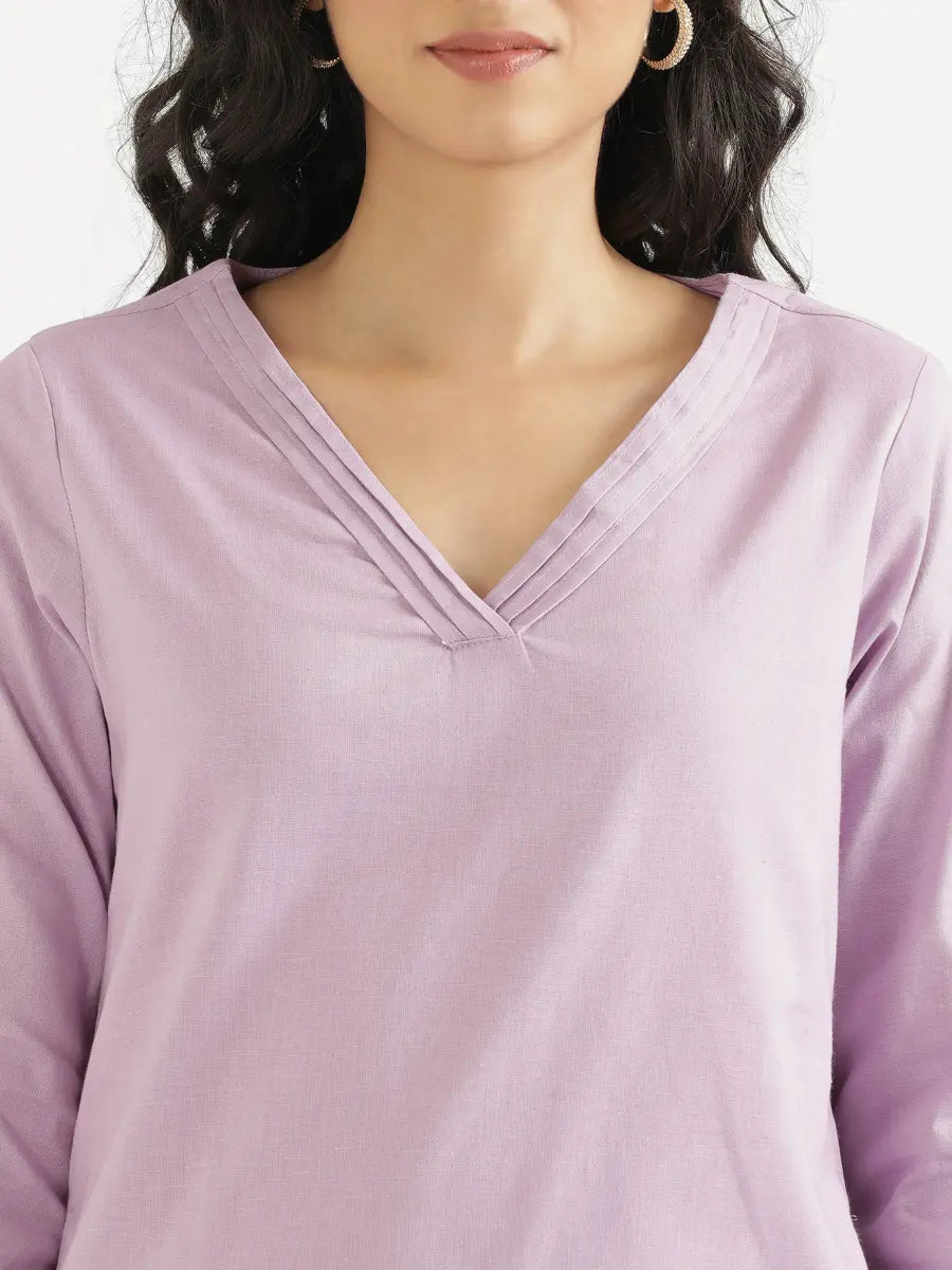 Women Lilac Airy Linen V-Neck Long Kurta