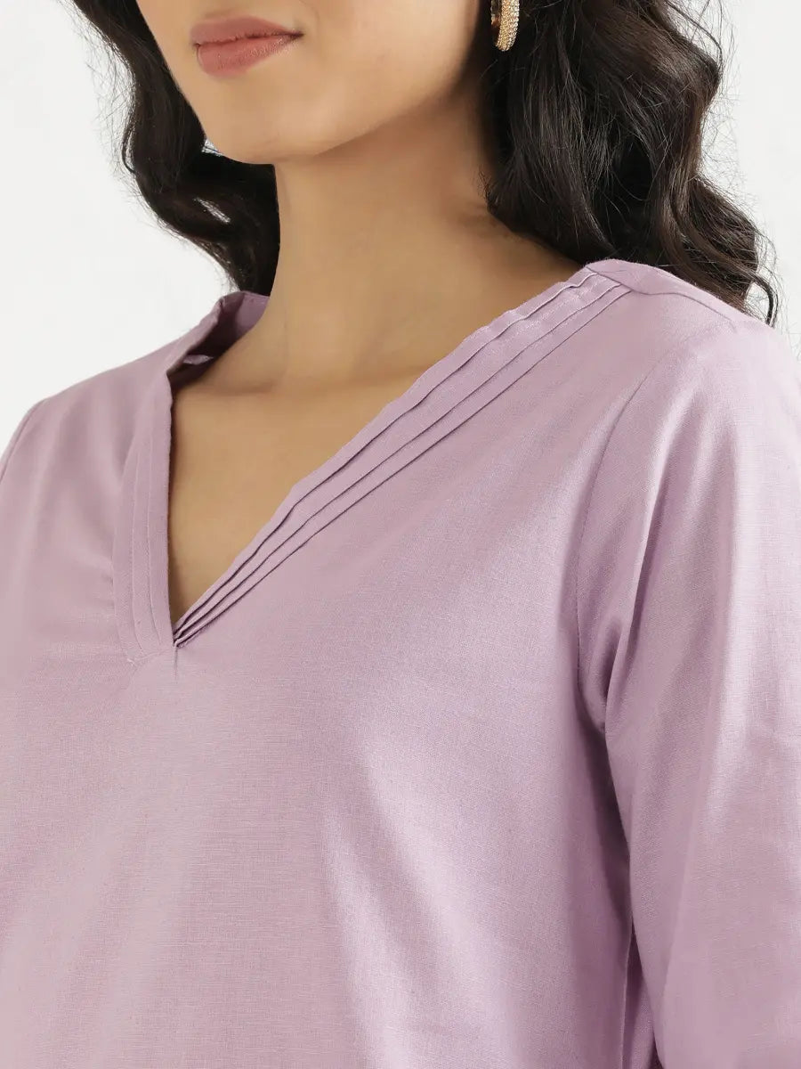 Women Lilac Airy Linen V-Neck Long Kurta
