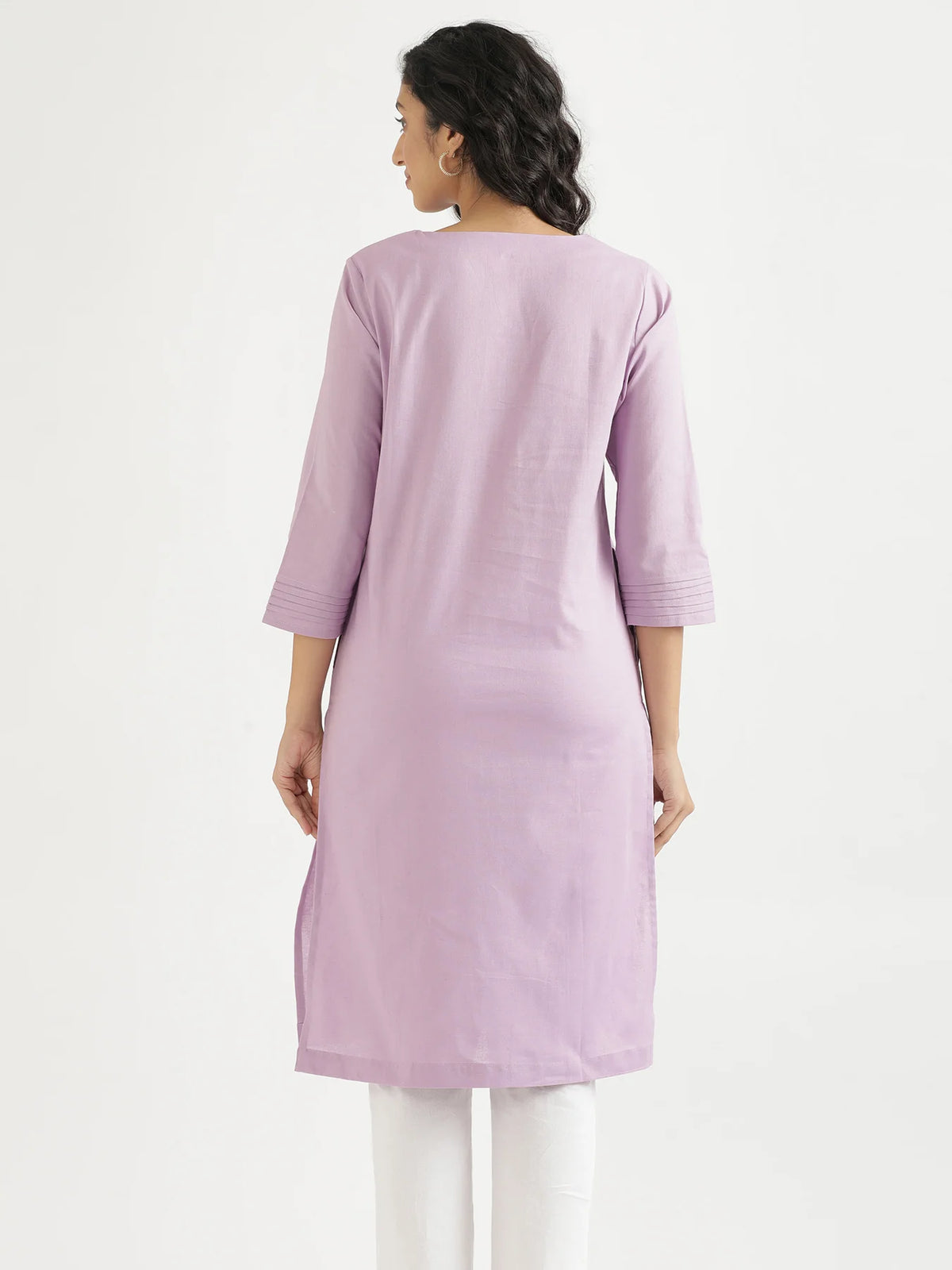 Women Lilac Airy Linen V-Neck Long Kurta