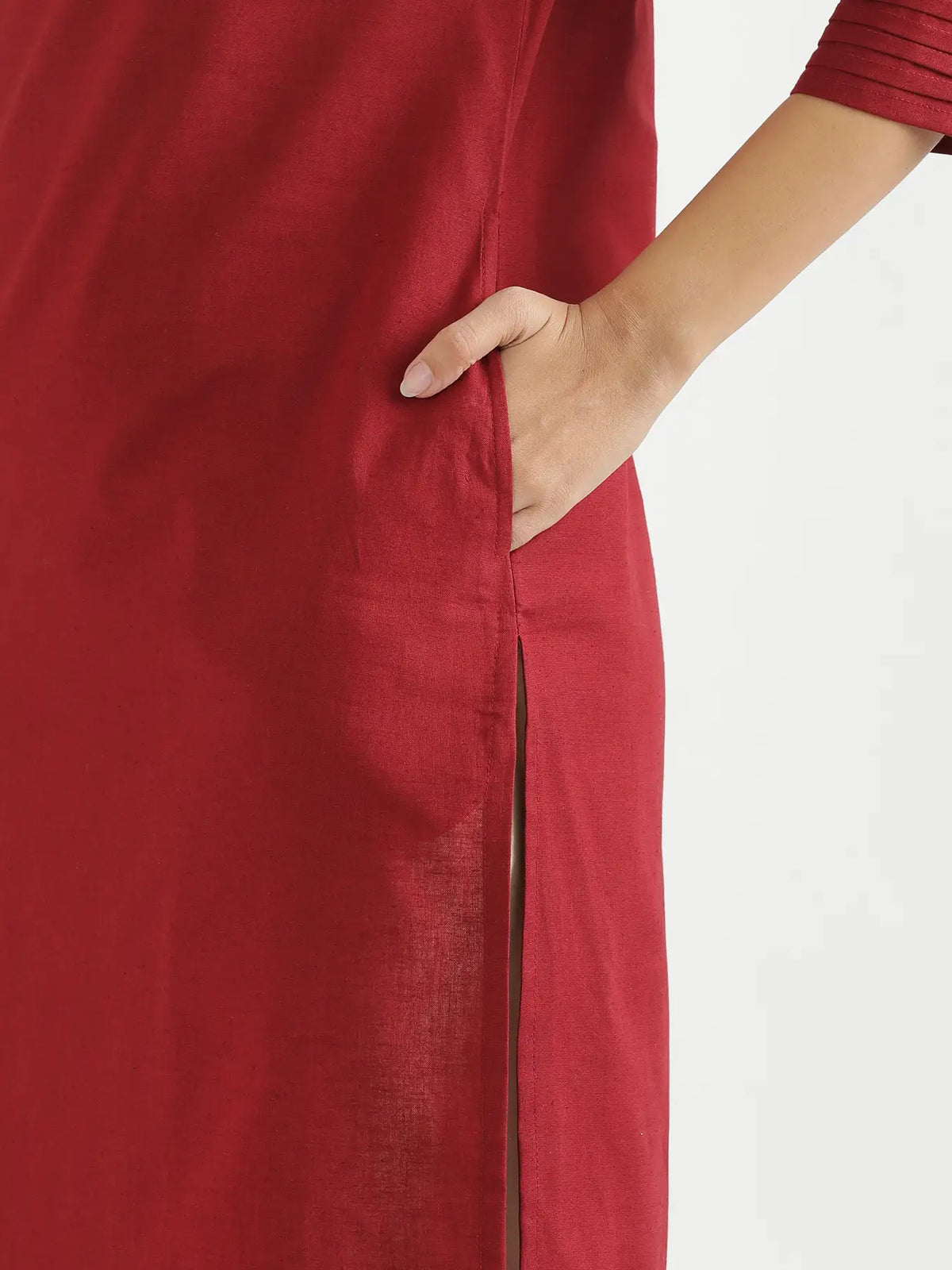 Women Maroon Airy Linen V-Neck Long Kurta
