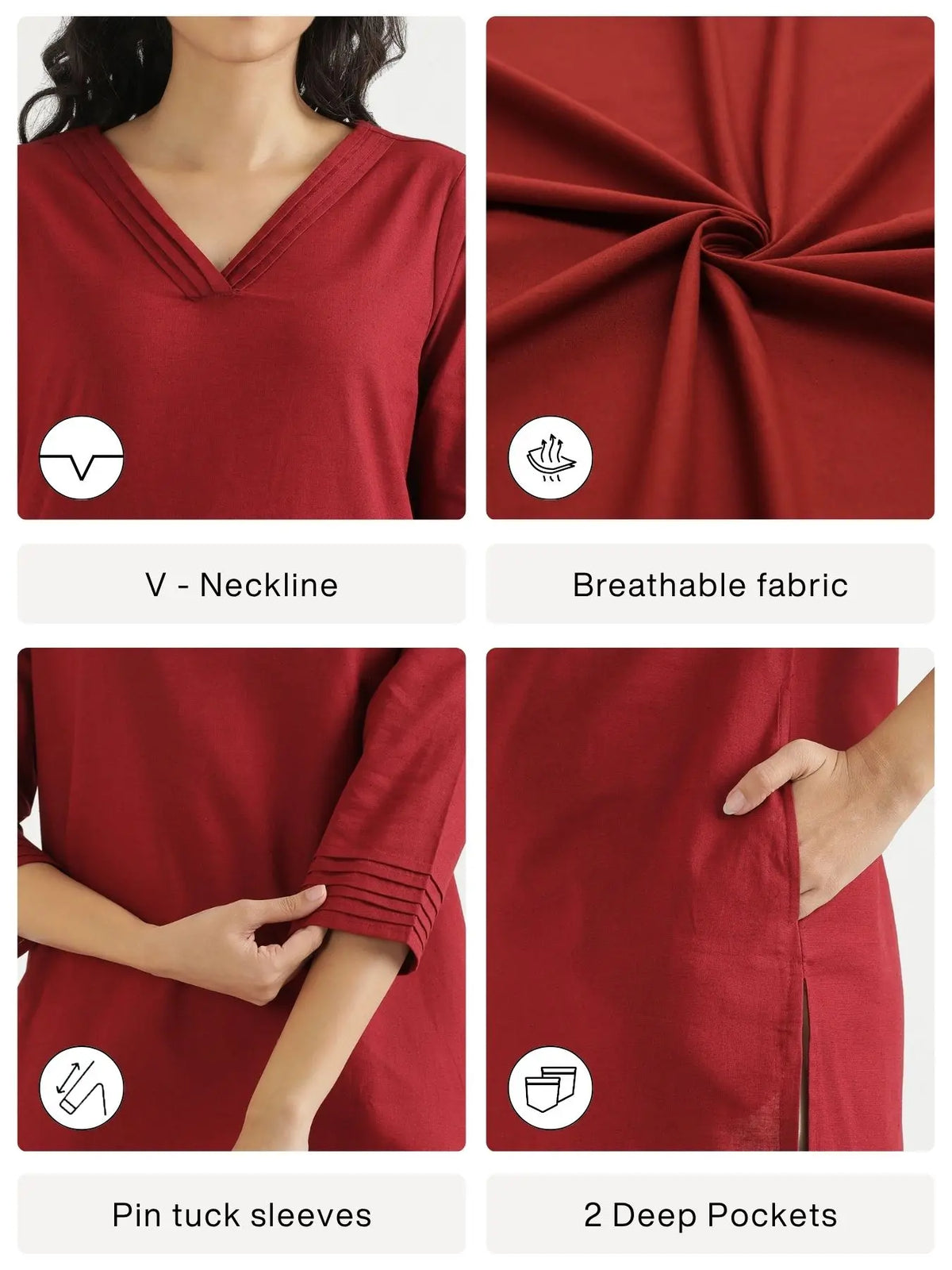 Women Maroon Airy Linen V-Neck Long Kurta