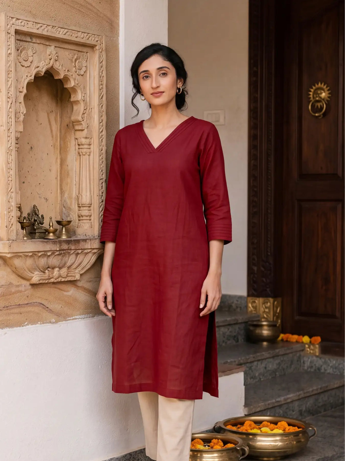 Women Maroon Airy Linen V-Neck Long Kurta