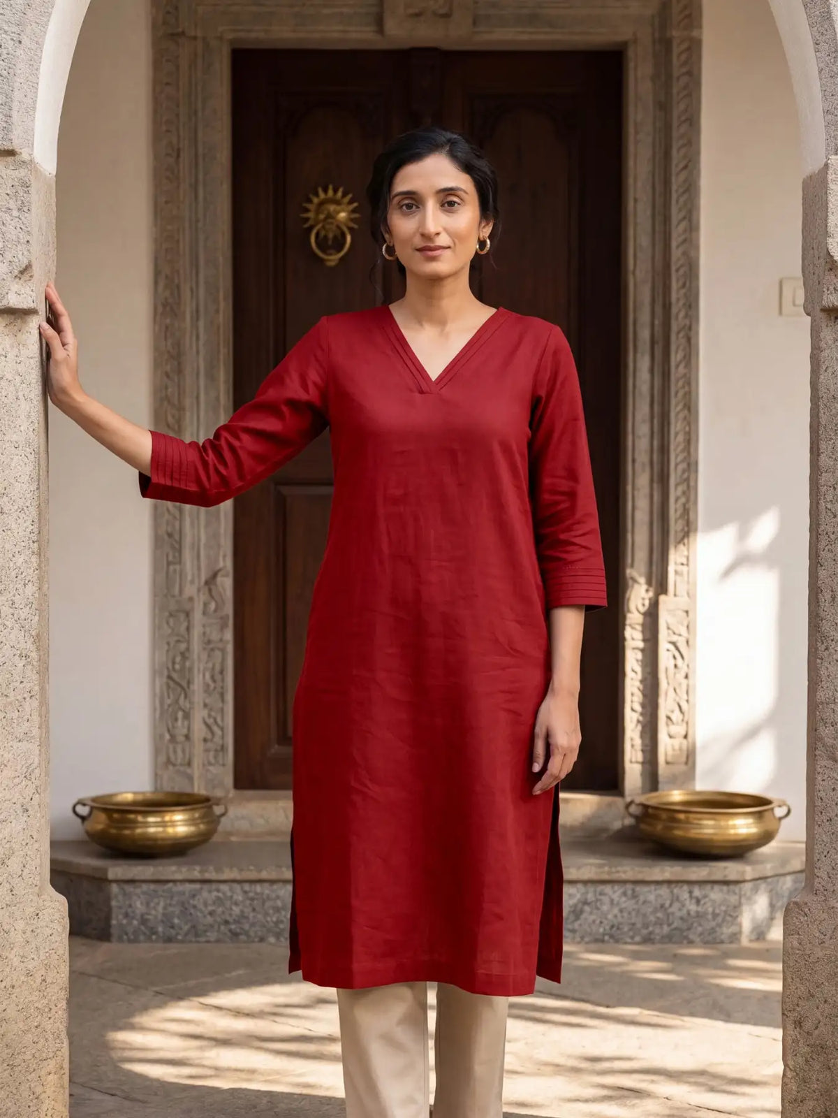 Women Maroon Airy Linen V-Neck Long Kurta