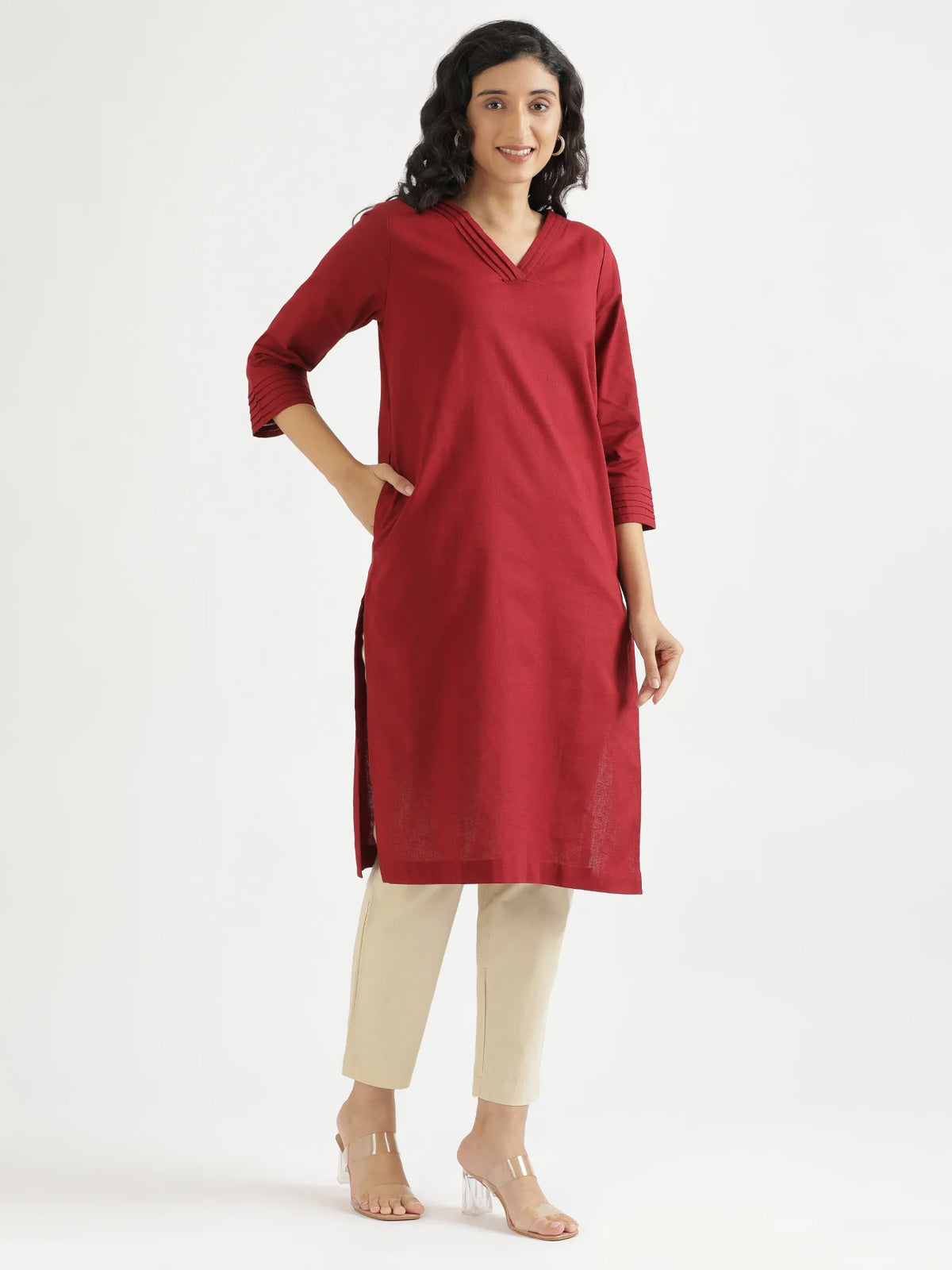 Women Maroon Airy Linen V-Neck Long Kurta