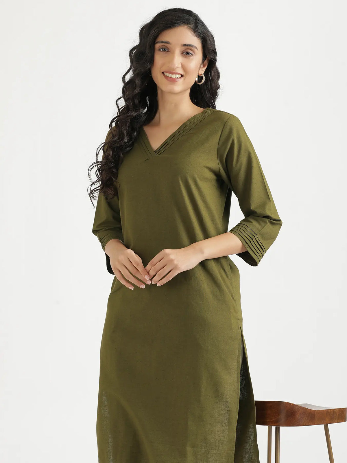 Women Olive Green Airy Linen V-Neck Long Kurta