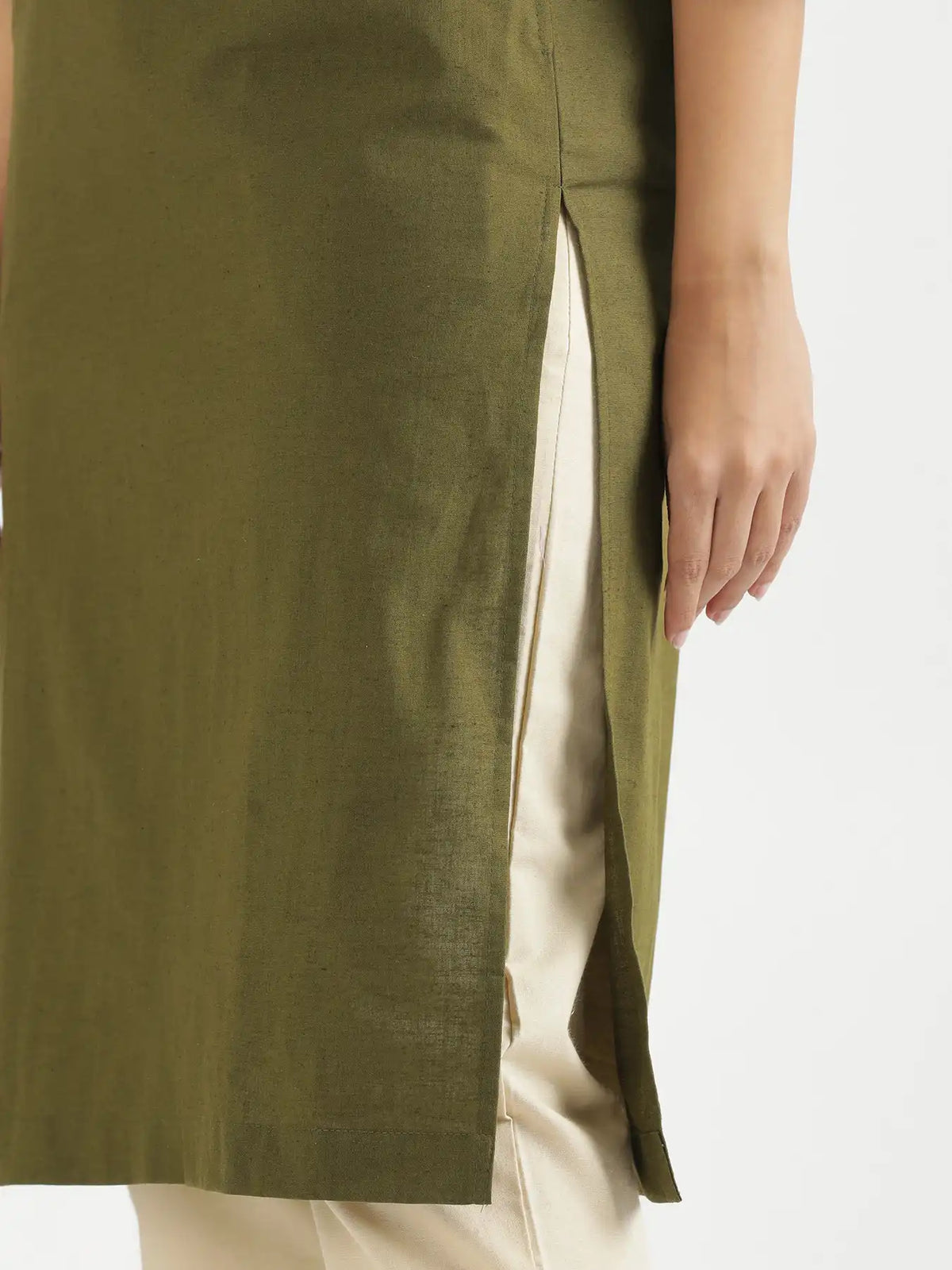 Women Olive Green Airy Linen V-Neck Long Kurta