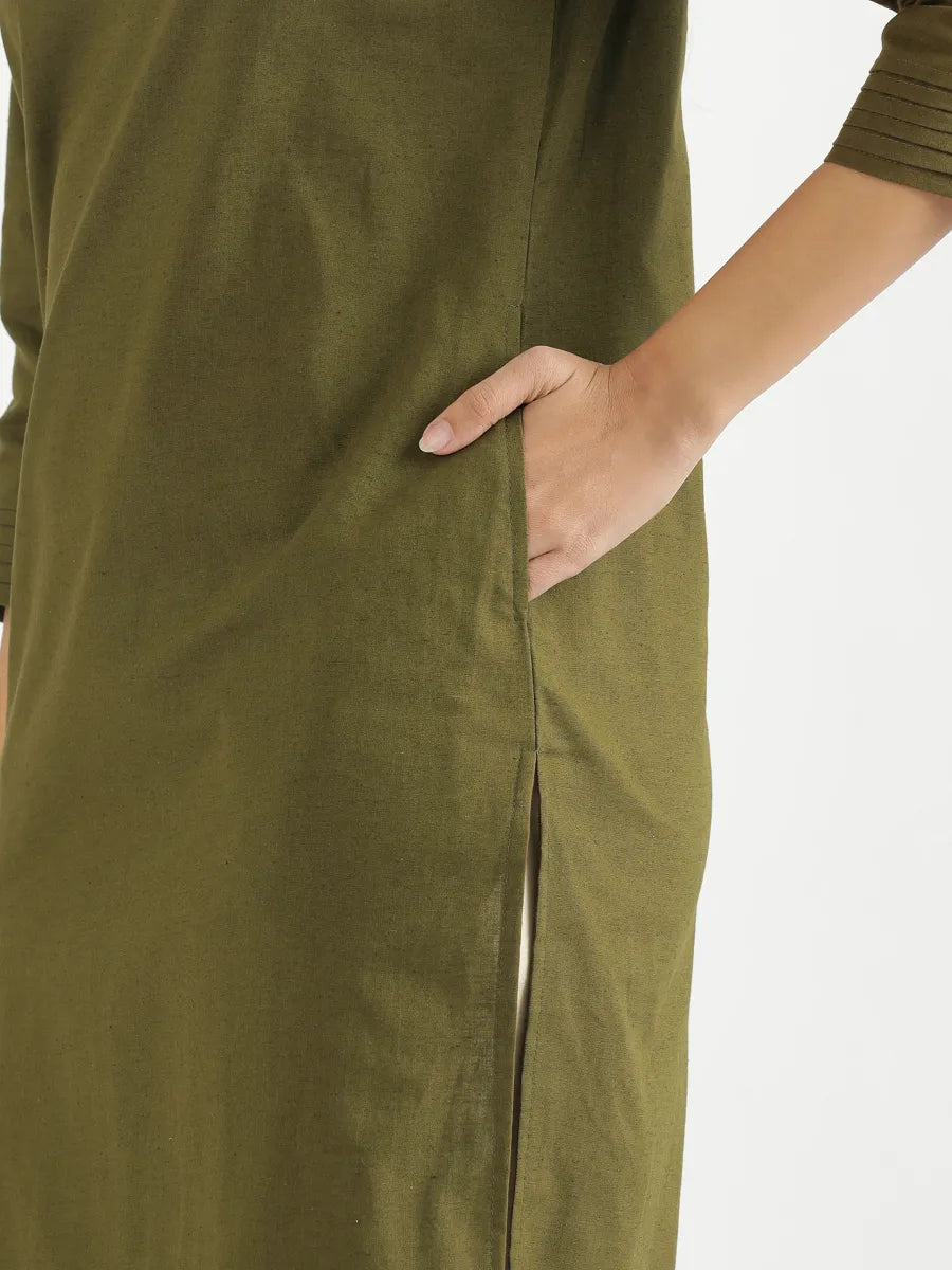 Women Olive Green Airy Linen V-Neck Long Kurta