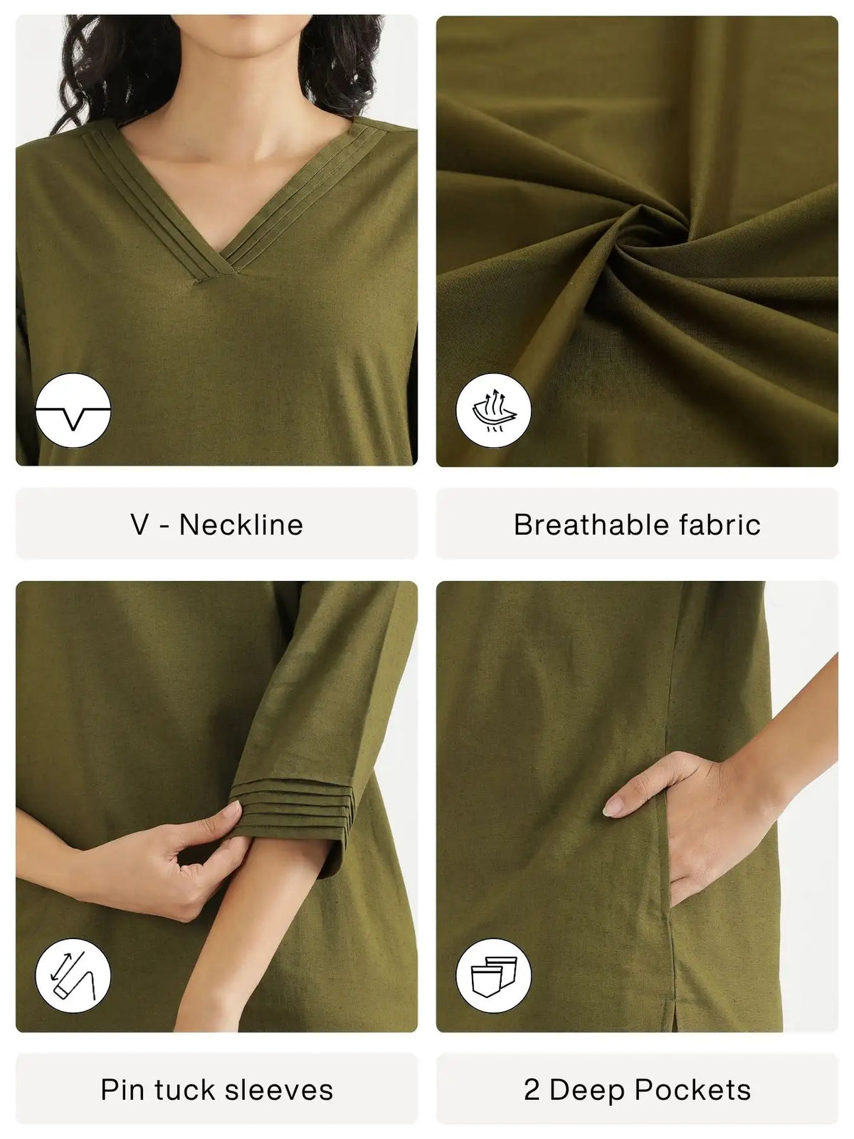 Women Olive Green Airy Linen V-Neck Long Kurta