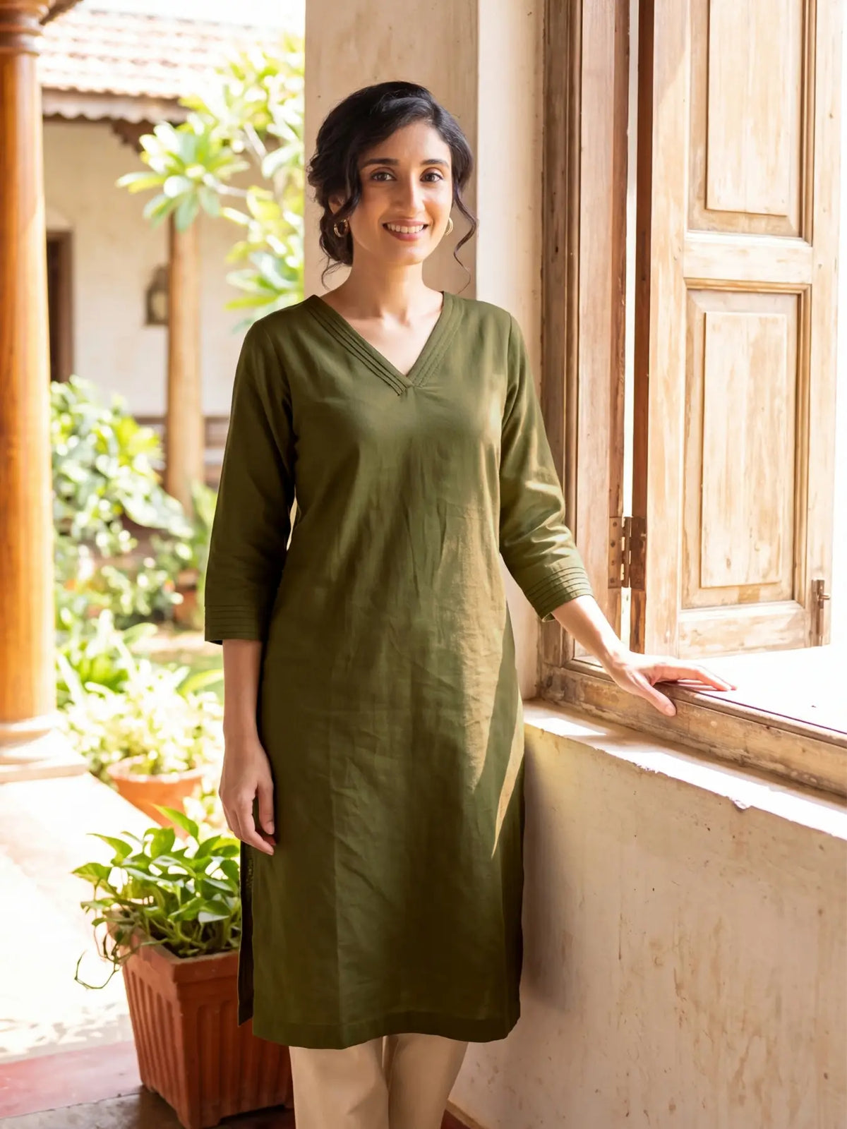 Women Olive Green Airy Linen V-Neck Long Kurta
