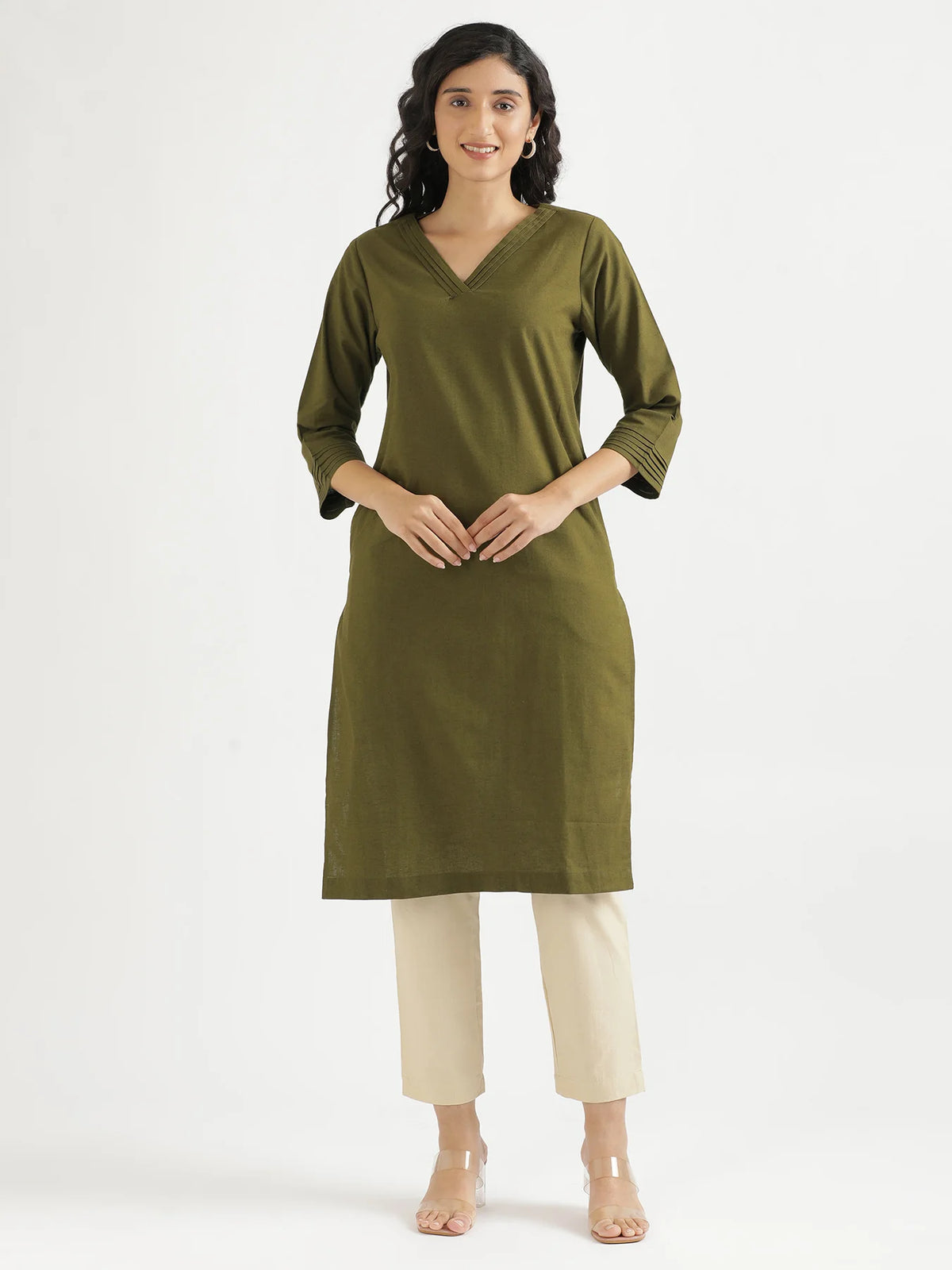 Women Olive Green Airy Linen V-Neck Long Kurta