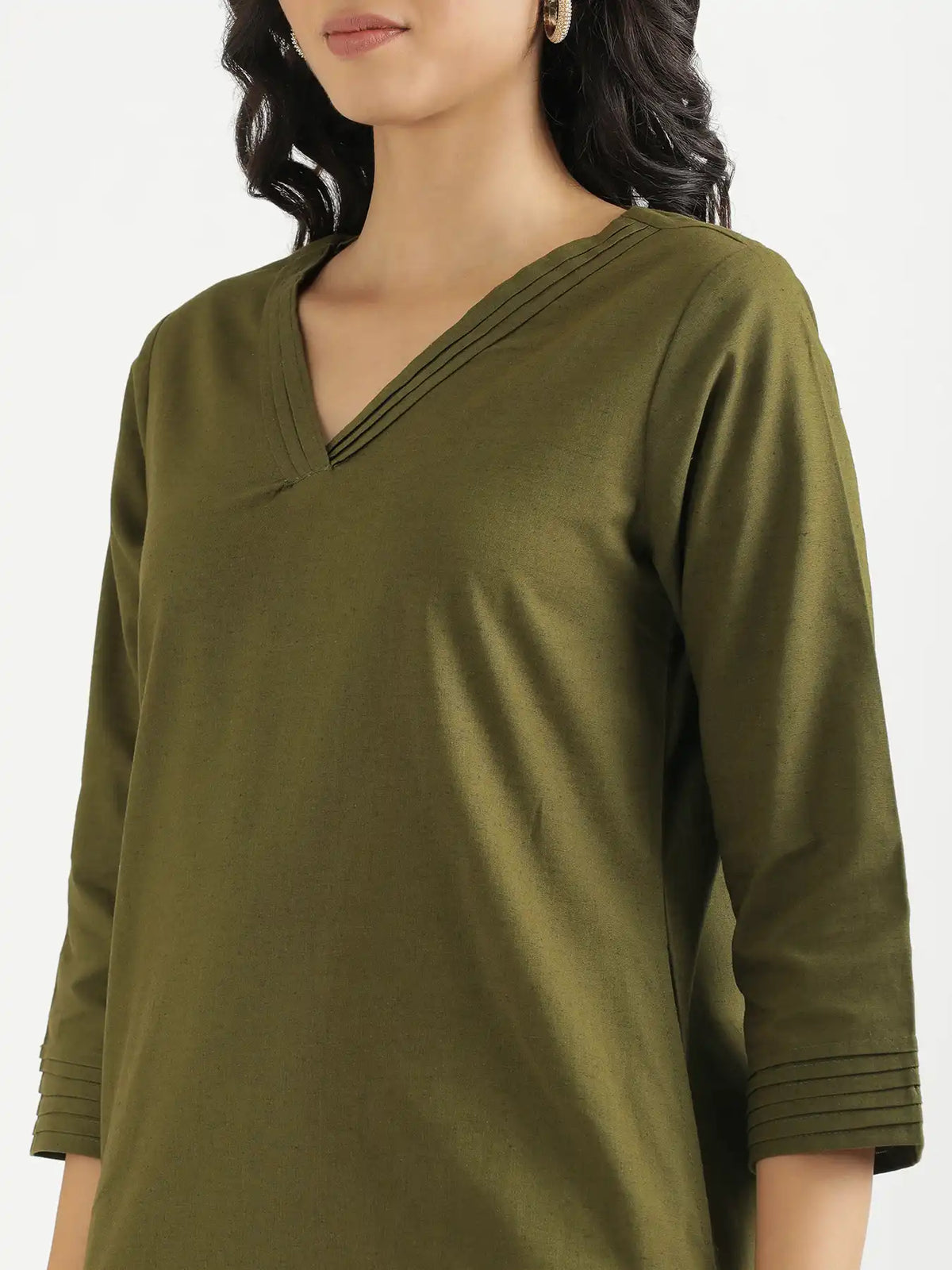 Women Olive Green Airy Linen V-Neck Long Kurta