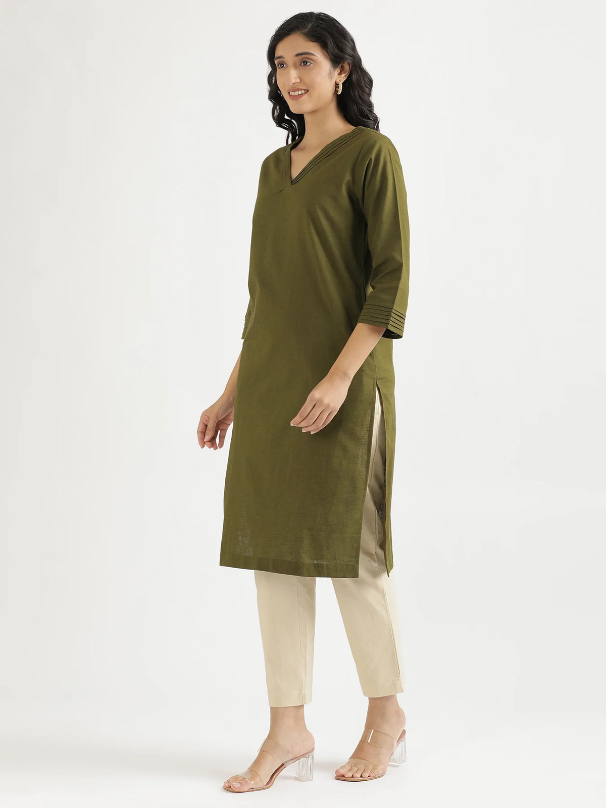 Women Olive Green Airy Linen V-Neck Long Kurta