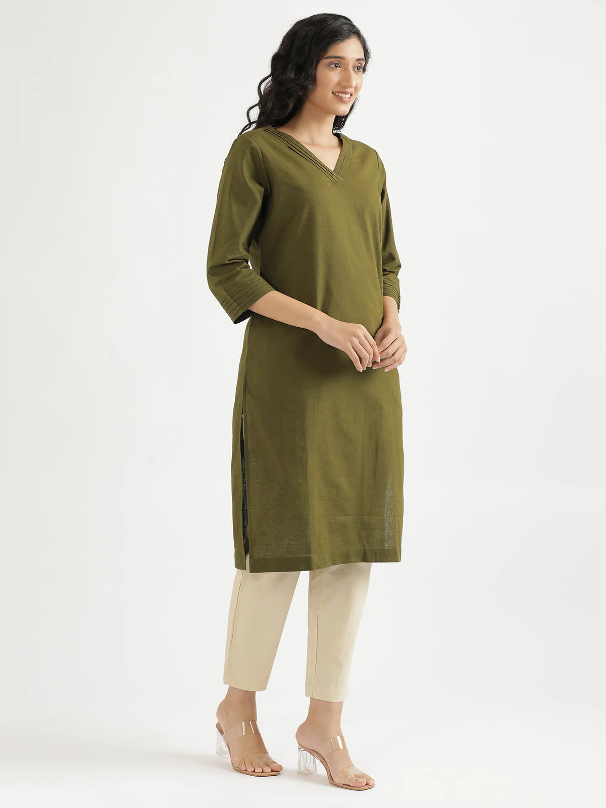 Women Olive Green Airy Linen V-Neck Long Kurta