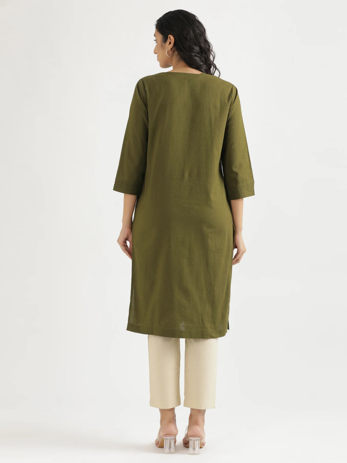 Women Olive Green Airy Linen V-Neck Long Kurta