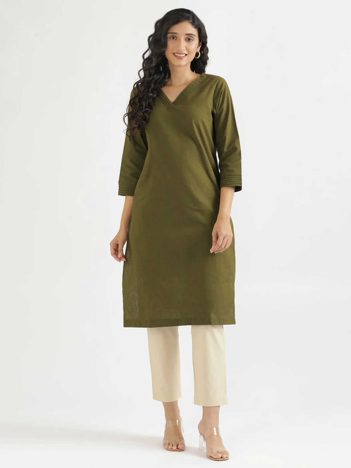Women Olive Green Airy Linen V-Neck Long Kurta