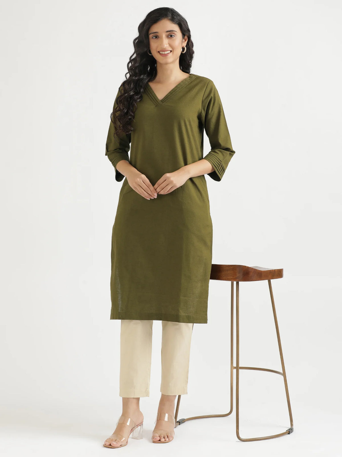 Women Olive Green Airy Linen V-Neck Long Kurta