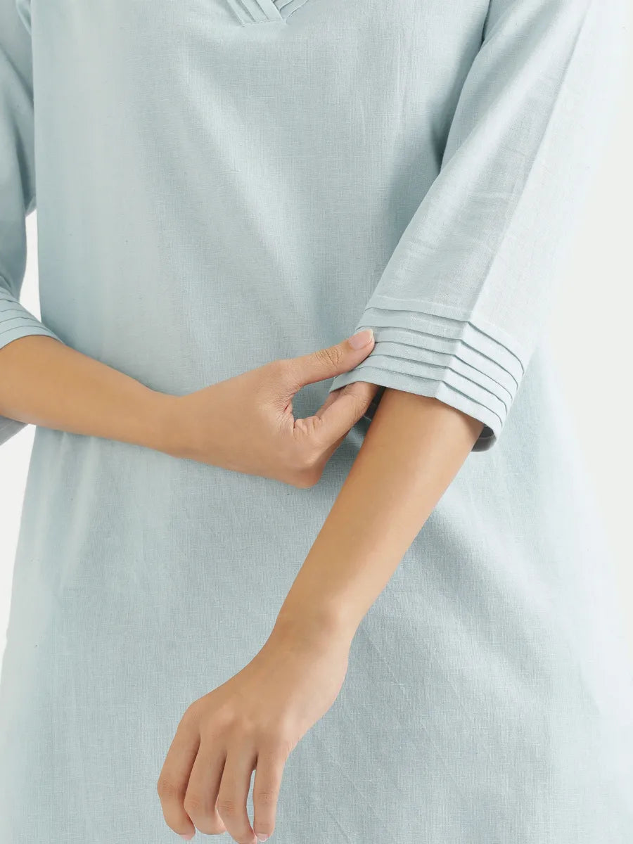 Women Sky Blue Airy Linen V-Neck Long Kurta