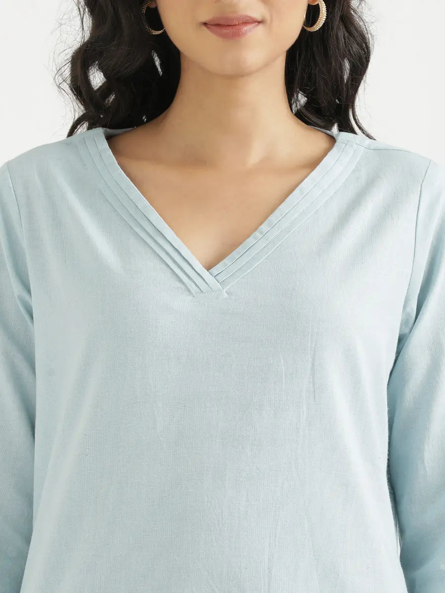 Women Sky Blue Airy Linen V-Neck Long Kurta