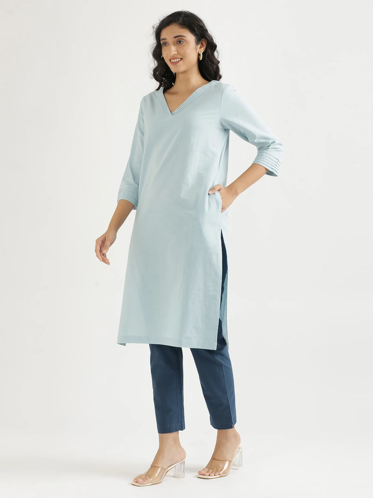 Women Sky Blue Airy Linen V-Neck Long Kurta