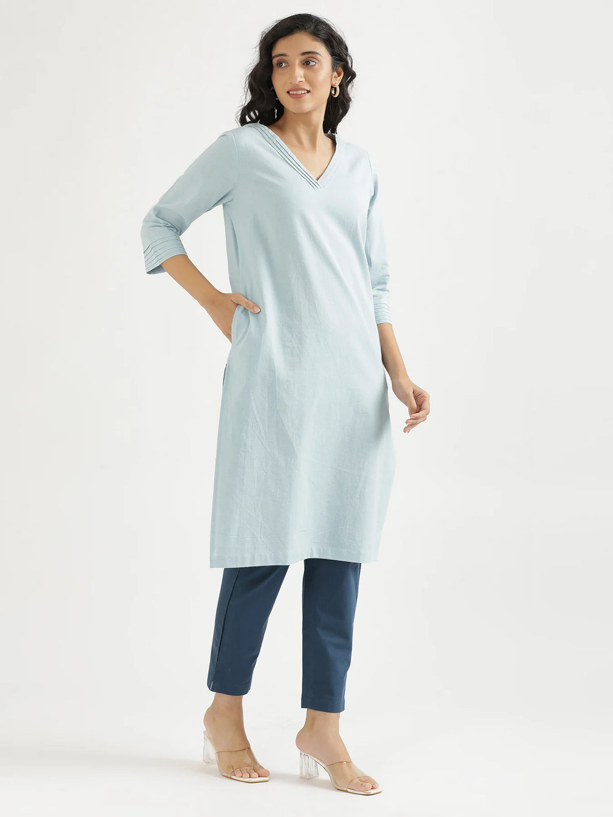 Women Sky Blue Airy Linen V-Neck Long Kurta