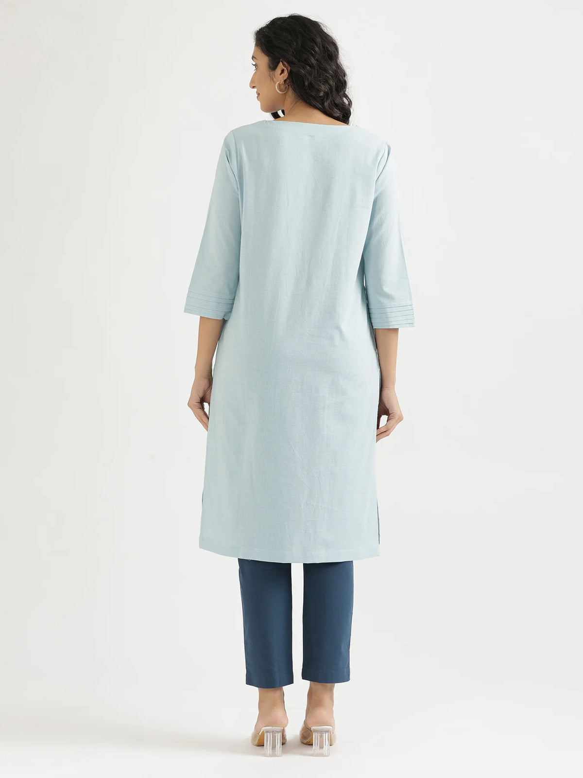 Women Sky Blue Airy Linen V-Neck Long Kurta